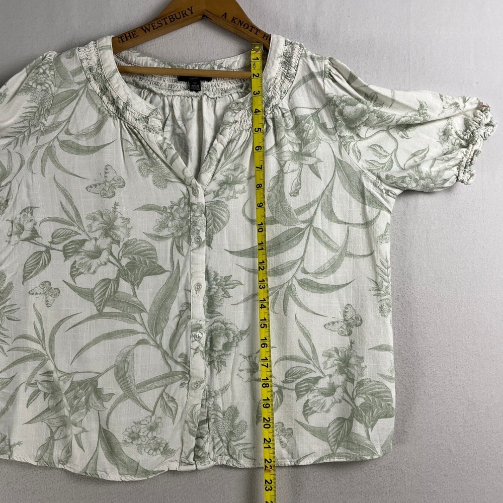 Sage Green Floral Linen Blend Smocked Puff Sleeve Blouse Size Large - Picture 8 of 10